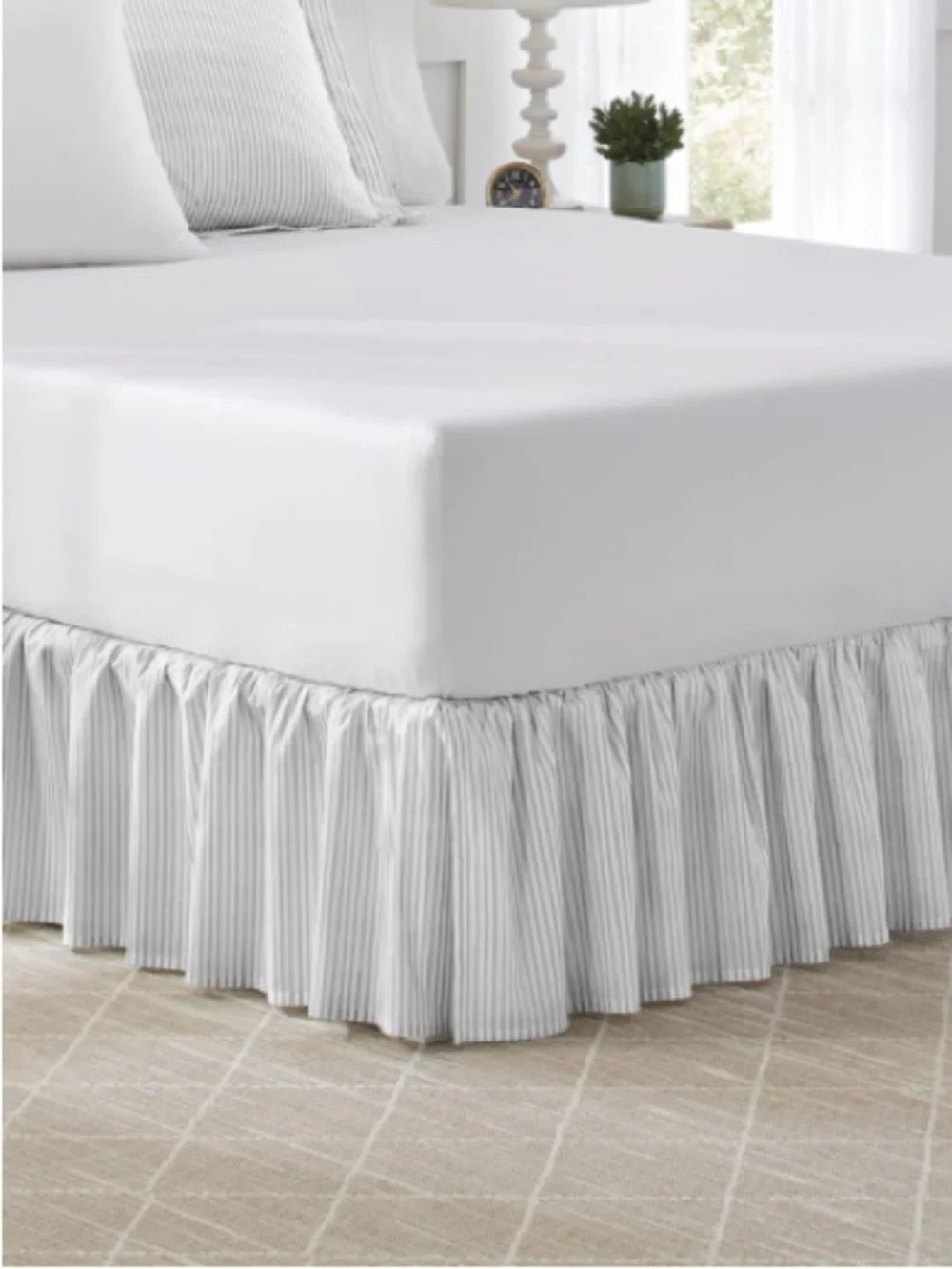 Laura Ashley TWIN Bed Skirt 100% Cotton 14.5” Drop - Ticking Stripe Gray